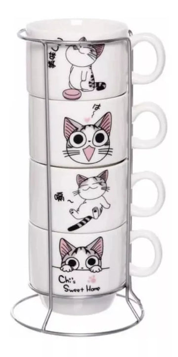 Tazas Apilables Con Soporte Metálico 4 unidades ERV Gato Chi