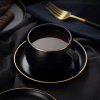 Taza negra elegante con plato con borde dorado 280ml ERV