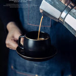 Taza negra elegante con plato con borde dorado 280ml ERV
