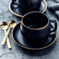 Taza negra elegante con plato con borde dorado 280ml ERV
