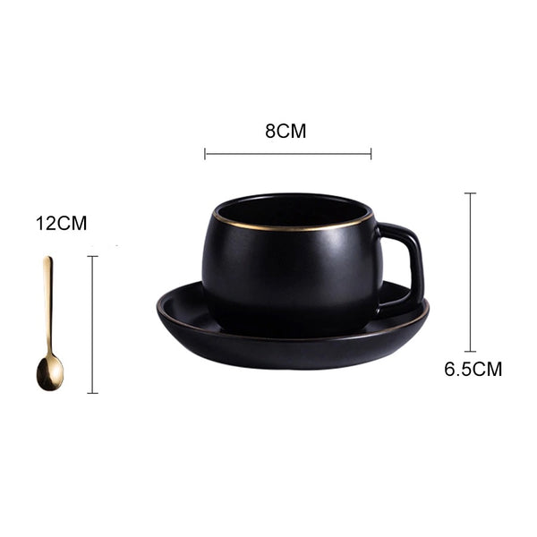 Taza negra elegante con plato con borde dorado 280ml ERV