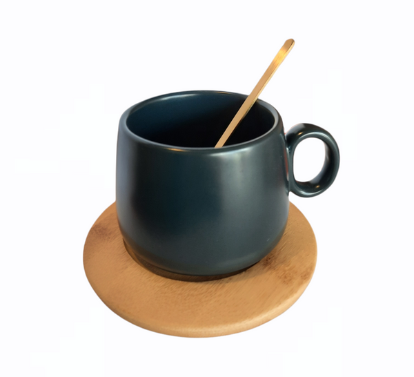 Taza de Cerámica con Cuchara Dorada y Plato de Bambú 250ml