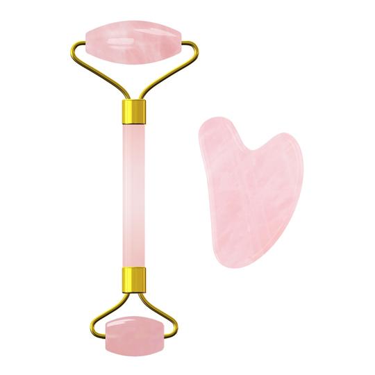Set Rodillo Facial + Piedra Gua Sha de Cuarzo Rosa