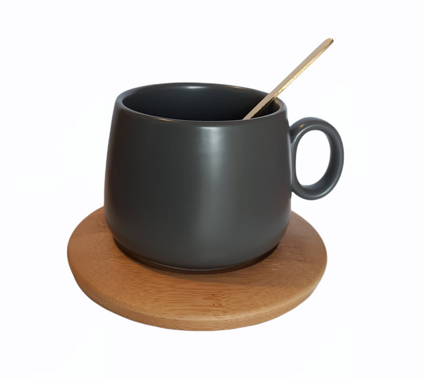 Taza de Cerámica con Cuchara Dorada y Plato de Bambú 250ml